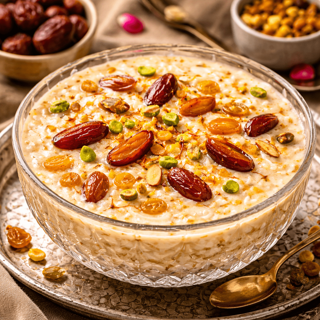 Ingredients for Sheer Khurma including vermicelli, milk, dates, sugar, and mixed nuts arranged on a table.