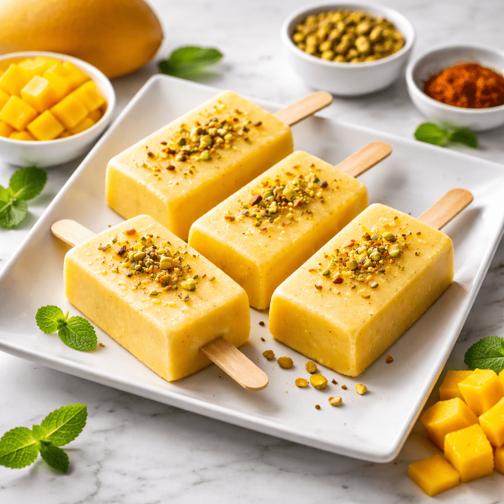 Creamy mango kulfi mixture being poured into kulfi molds before freezing.