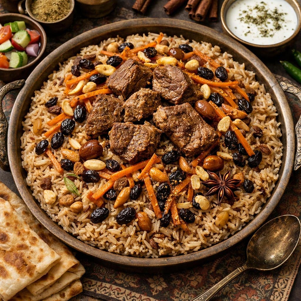 Kabuli Pulao rice layered with caramelized carrots and raisins in a cooking pot.